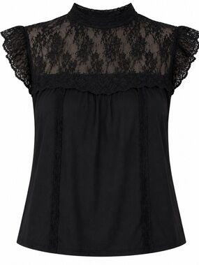 Black Lace Blouse Sheer Yoke Mock Neck Flowy Top